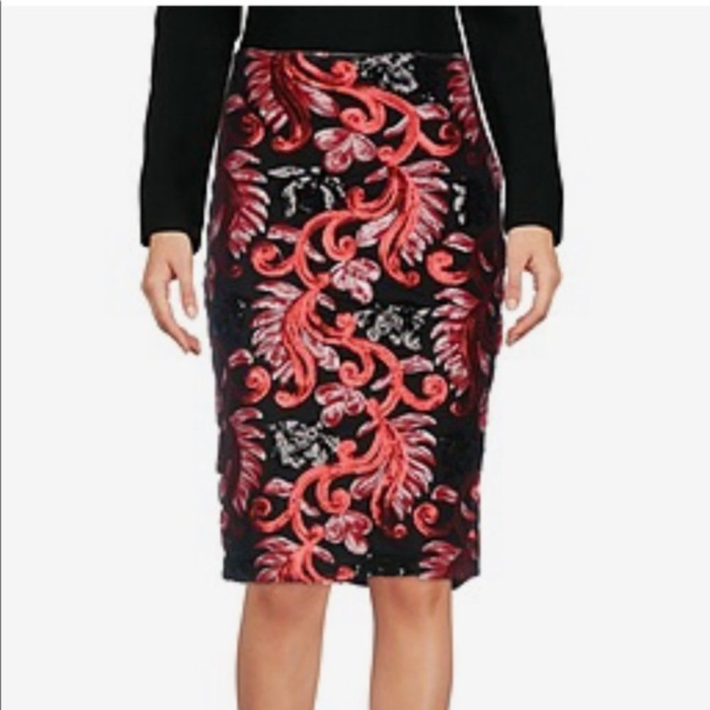 NWT La Kore Milano Beaded and Sequined Red/Black Midi Skirt, Size 4